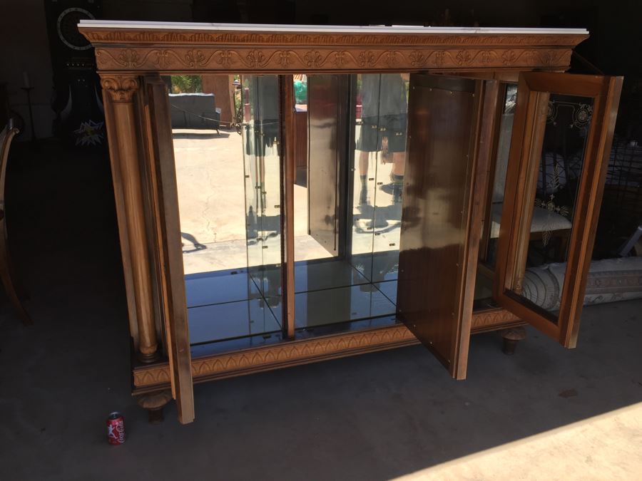 Mirrored Curio Cabinet With Detailed Wood Carving And Marble Top [Photo 14]