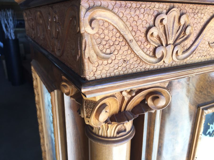 Mirrored Curio Cabinet With Detailed Wood Carving And Marble Top [Photo 7]