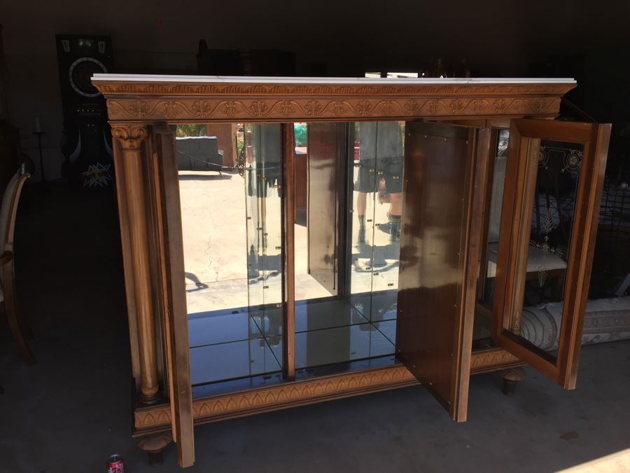 Mirrored Curio Cabinet With Detailed Wood Carving And ...