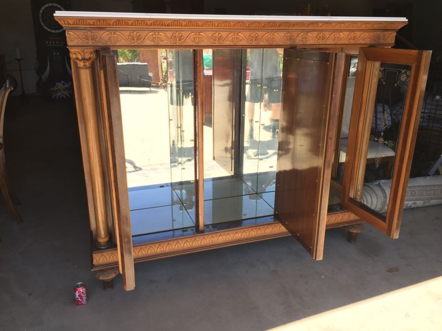 Mirrored Curio Cabinet With Detailed Wood Carving And Marble Top [Photo 3]