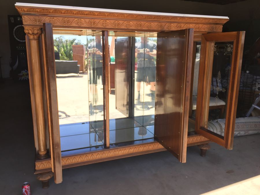 Mirrored Curio Cabinet With Detailed Wood Carving And Marble Top [Photo 16]