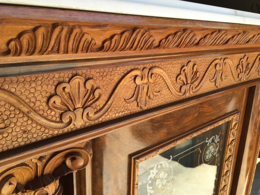 Mirrored Curio Cabinet With Detailed Wood Carving And Marble Top [Photo 2]