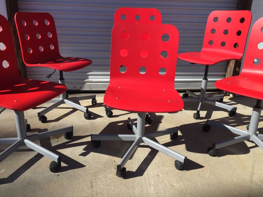 Set Of 6 Red IKEA JULES Chairs With Casters [Photo 6]