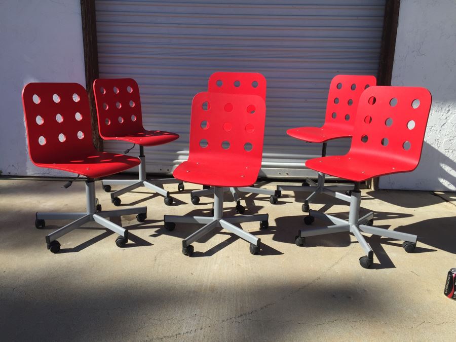 Set Of 6 Red IKEA JULES Chairs With Casters [Photo 4]