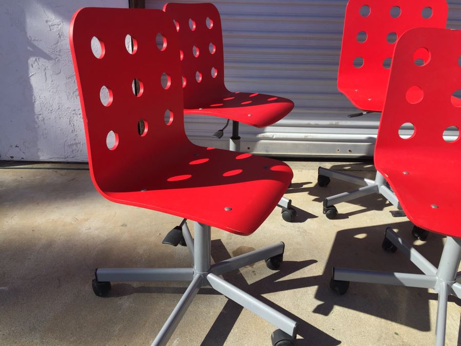 Set Of 6 Red IKEA JULES Chairs With Casters [Photo 7]