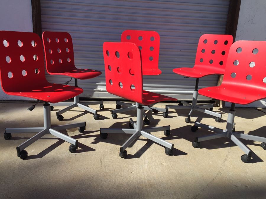 Set Of 6 Red IKEA JULES Chairs With Casters [Photo 2]