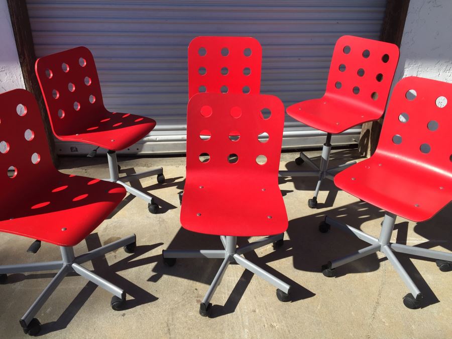 Set Of 6 Red IKEA JULES Chairs With Casters [Photo 1]