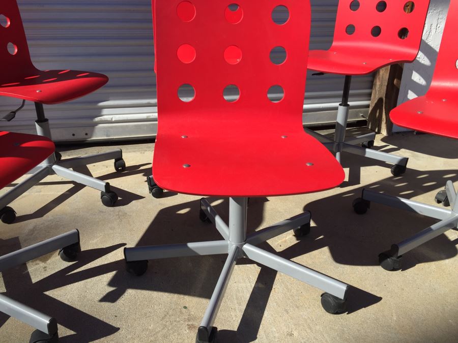 Set Of 6 Red IKEA JULES Chairs With Casters [Photo 8]