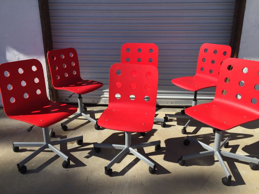 Set Of 6 Red IKEA JULES Chairs With Casters [Photo 5]