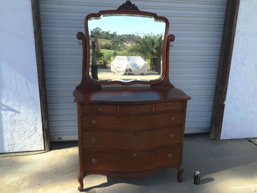 Nice Antique Serpentine Front Dresser With Mirror [Photo 4]