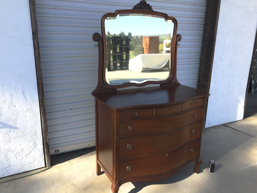 Nice Antique Serpentine Front Dresser With Mirror [Photo 9]