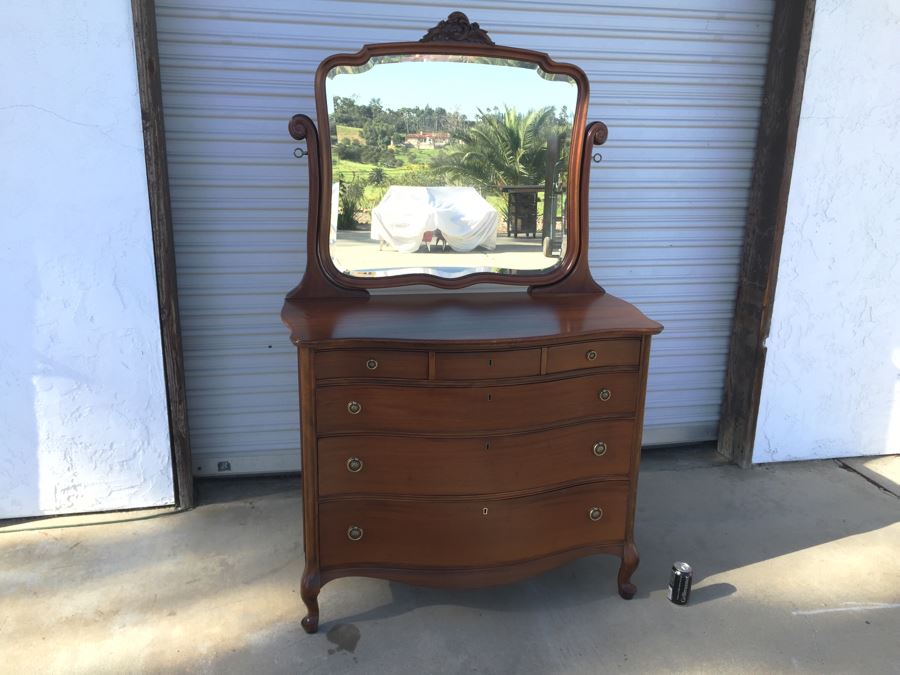 Nice Antique Serpentine Front Dresser With Mirror [Photo 1]