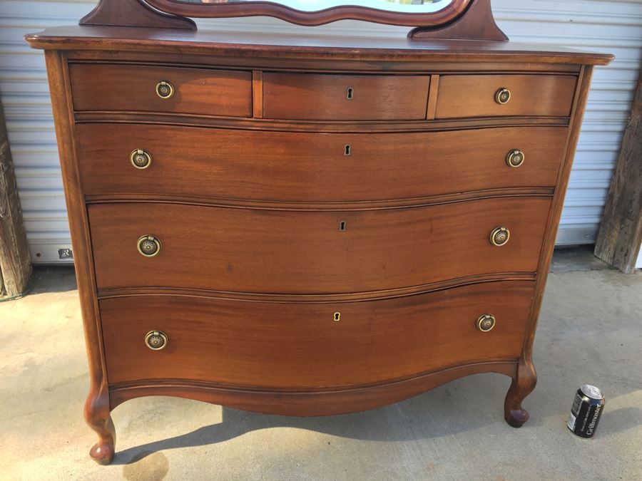 Nice Antique Serpentine Front Dresser With Mirror