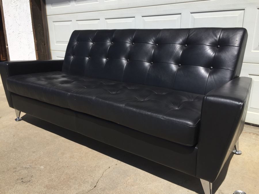 Contemporary Copenhagen Black Tufted Leather Mid-Century Atomic Style Sofa With Chrome Legs [Photo 2]