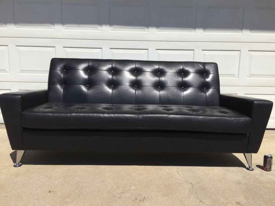 Contemporary Copenhagen Black Tufted Leather Mid-Century Atomic Style Sofa With Chrome Legs [Photo 4]