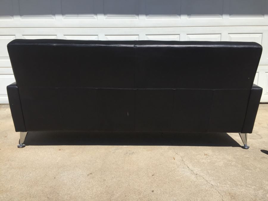 Contemporary Copenhagen Black Tufted Leather Mid-Century Atomic Style Sofa With Chrome Legs [Photo 10]