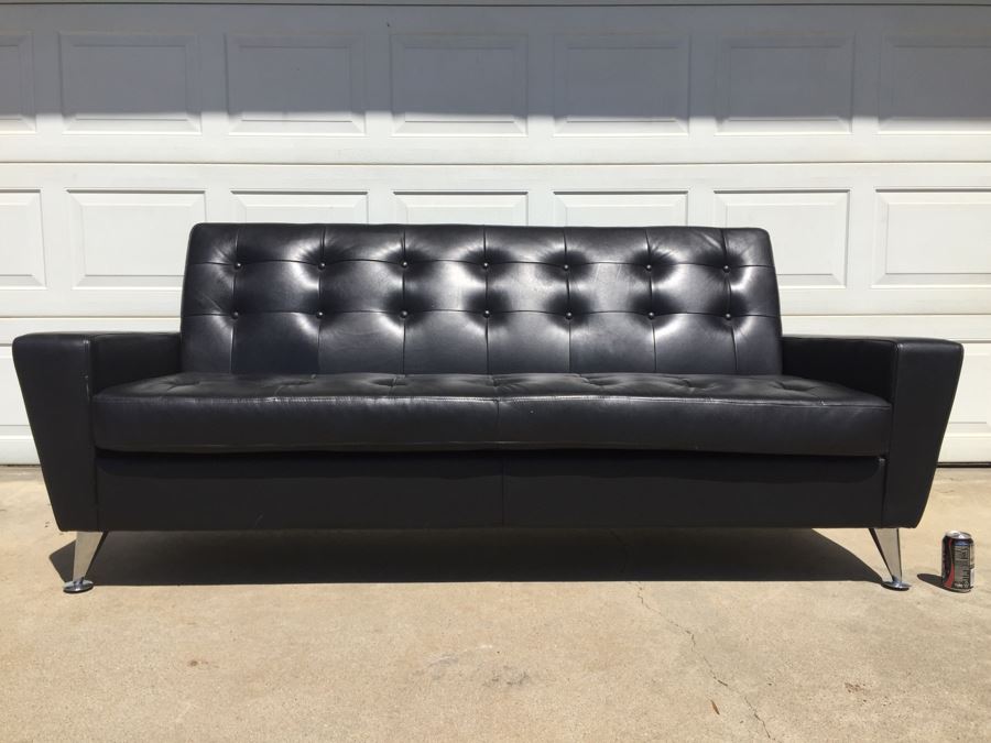 Contemporary Copenhagen Black Tufted Leather Mid-Century Atomic Style Sofa With Chrome Legs
