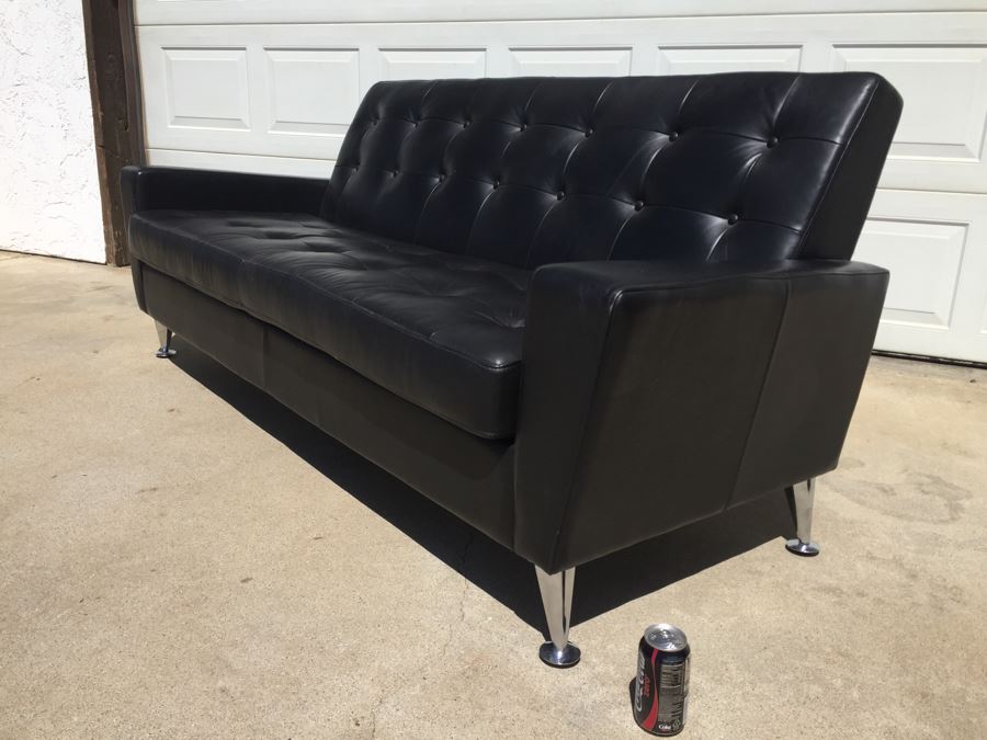 Contemporary Copenhagen Black Tufted Leather Mid-Century Atomic Style Sofa With Chrome Legs [Photo 6]
