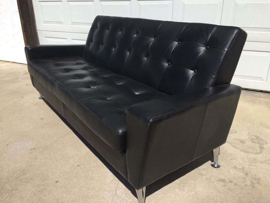 Contemporary Copenhagen Black Tufted Leather Mid-Century Atomic Style Sofa With Chrome Legs [Photo 8]
