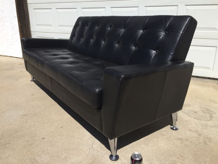 Contemporary Copenhagen Black Tufted Leather Mid-Century Atomic Style Sofa With Chrome Legs [Photo 7]
