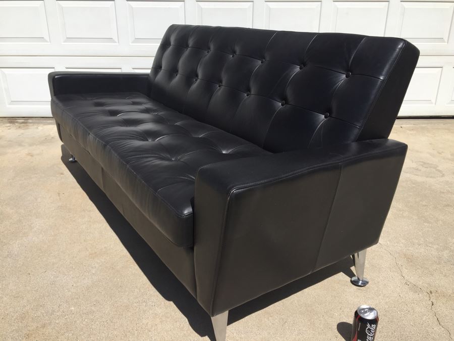 Contemporary Copenhagen Black Tufted Leather Mid-Century Atomic Style Sofa With Chrome Legs [Photo 9]