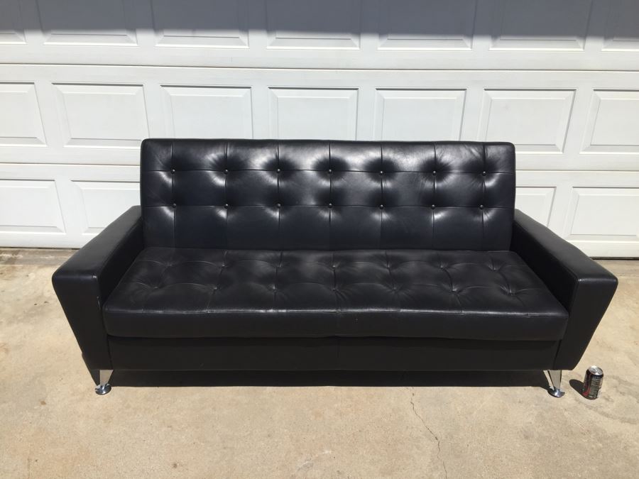 Contemporary Copenhagen Black Tufted Leather Mid-Century Atomic Style Sofa With Chrome Legs [Photo 5]