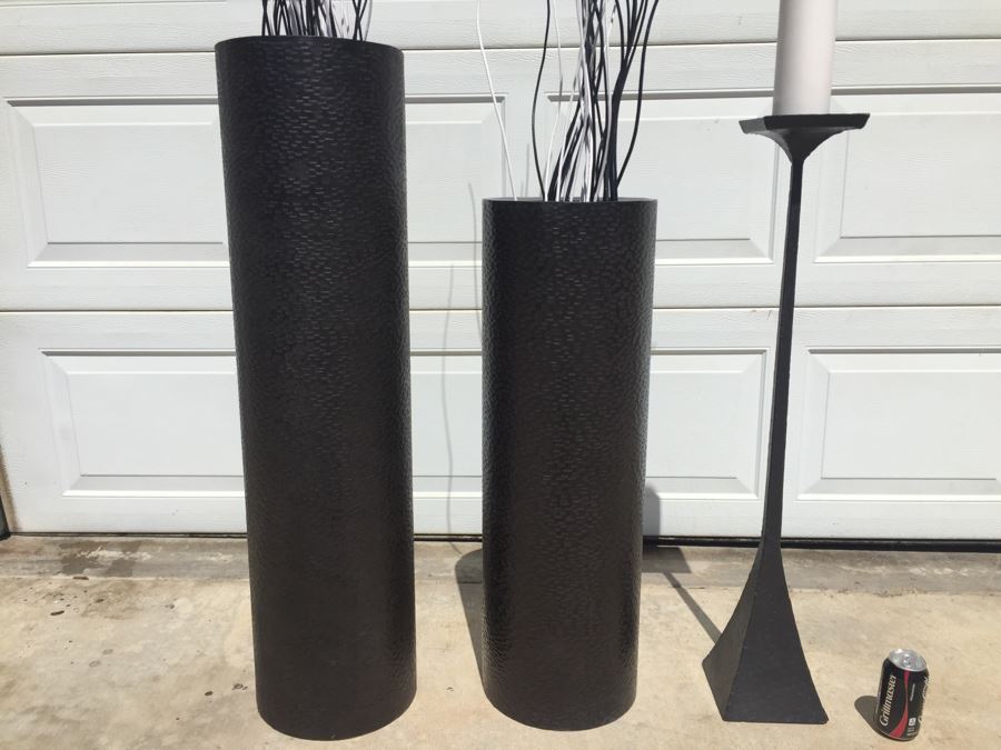 Set Of 2 Hammered Metal Floor Vases With B&W Wooden Branches And Candle Holder [Photo 2]