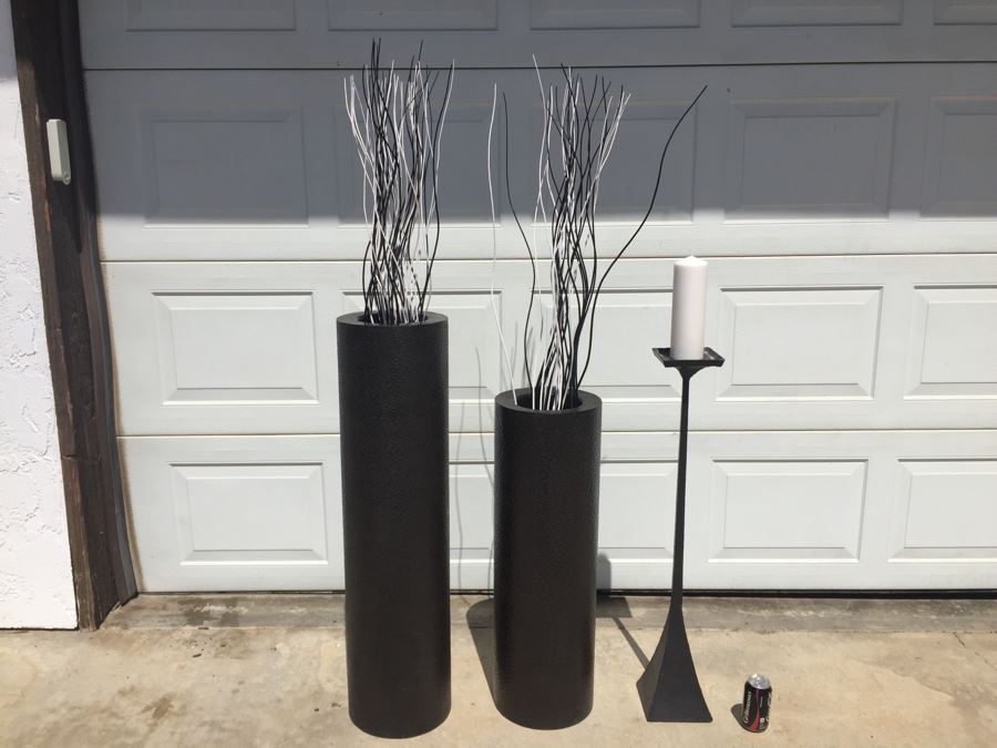 Set Of 2 Hammered Metal Floor Vases With B&W Wooden Branches And Candle Holder