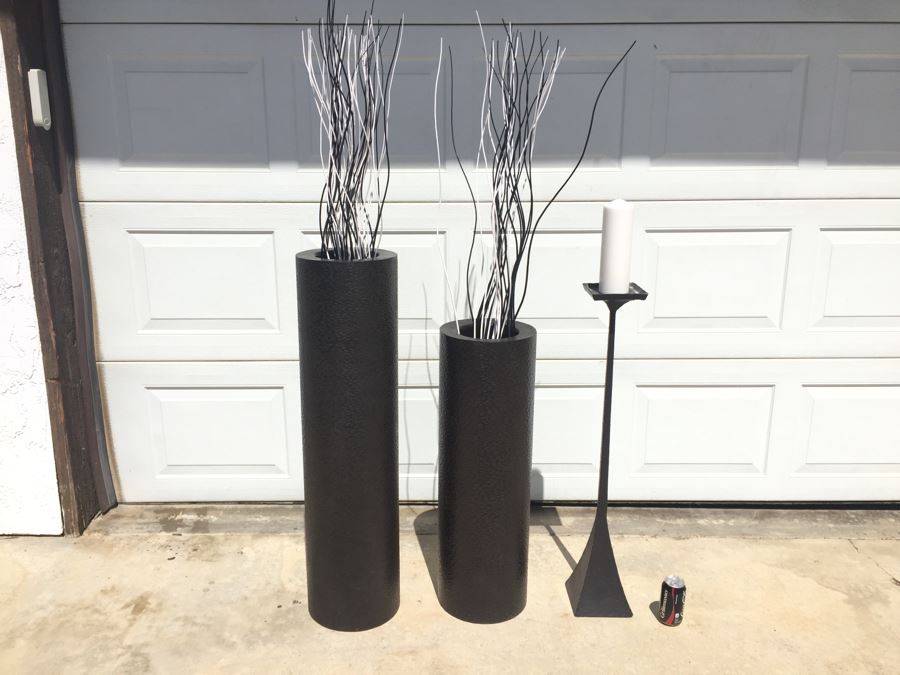 Set Of 2 Hammered Metal Floor Vases With B&W Wooden Branches And Candle Holder [Photo 4]