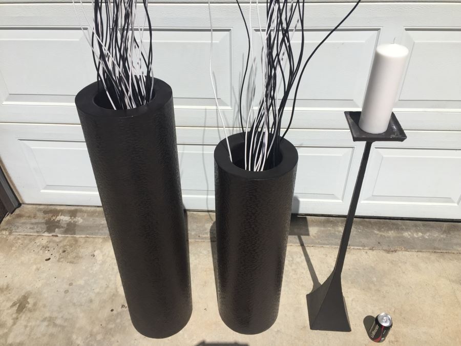 Set Of 2 Hammered Metal Floor Vases With B&W Wooden Branches And Candle Holder [Photo 12]