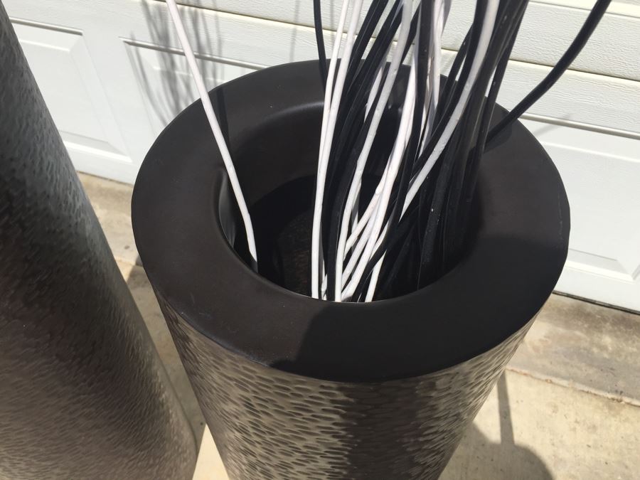 Set Of 2 Hammered Metal Floor Vases With B&W Wooden Branches And Candle Holder [Photo 3]
