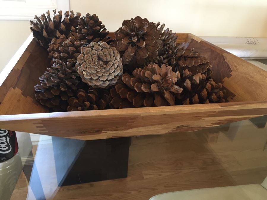 Large Finely Crafted Wooden Bowl With Pine Cones 8090