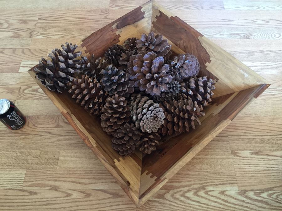 Large Finely Crafted Wooden Bowl With Pine Cones [Photo 2]