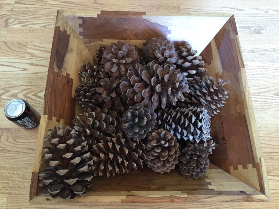 Large Finely Crafted Wooden Bowl With Pine Cones [Photo 3]