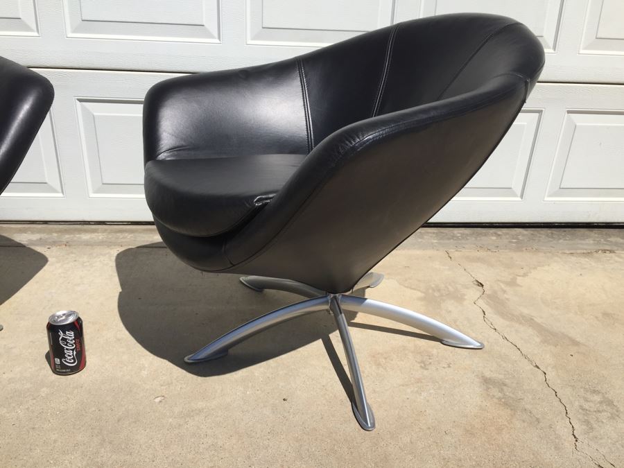 Pair Of Black Leather Modern Swivel Chairs With Metal Bases [Photo 3]