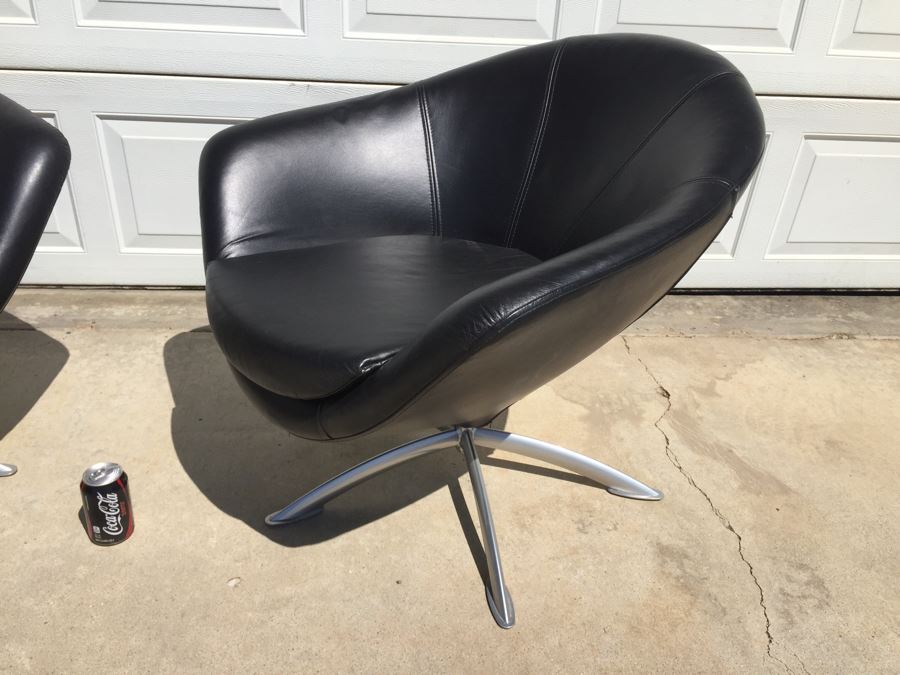 Pair Of Black Leather Modern Swivel Chairs With Metal Bases [Photo 4]