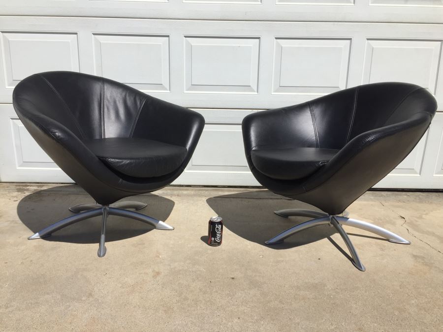 Pair Of Black Leather Modern Swivel Chairs With Metal Bases