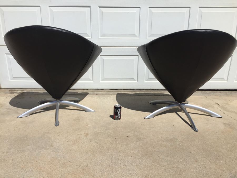 Pair Of Black Leather Modern Swivel Chairs With Metal Bases [Photo 8]