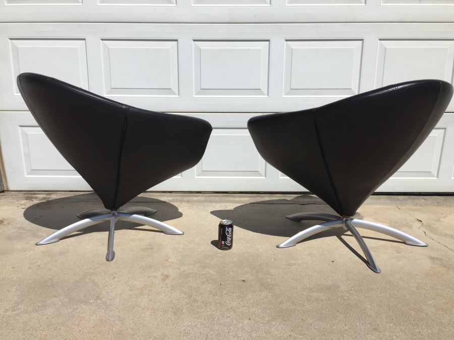 Pair Of Black Leather Modern Swivel Chairs With Metal Bases [Photo 5]