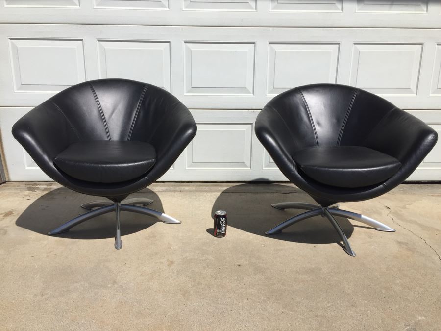 Pair Of Black Leather Modern Swivel Chairs With Metal Bases [Photo 2]