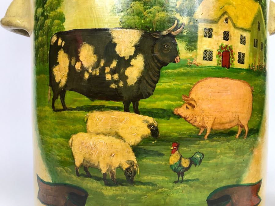 Large Antique 1857 Doulton & Co Lambeth Limited Art Pottery Hand Painted Milk Jug With Folk Art Farm Animal Scene Painting [Photo 11]