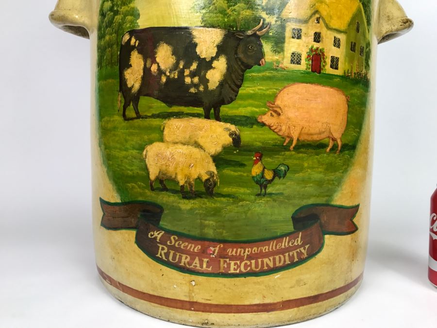 Large Antique 1857 Doulton & Co Lambeth Limited Art Pottery Hand Painted Milk Jug With Folk Art Farm Animal Scene Painting [Photo 2]