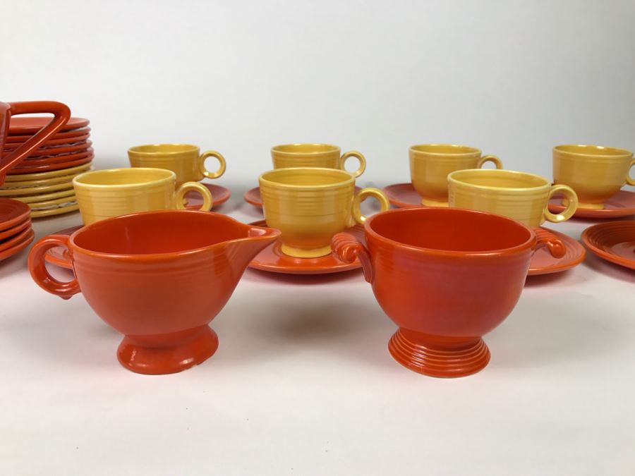Early Original Fiesta Fiestaware HLO Genuine Cups, Saucers, Cake Plates, Teapot, Creamer And Sugar [Photo 6]
