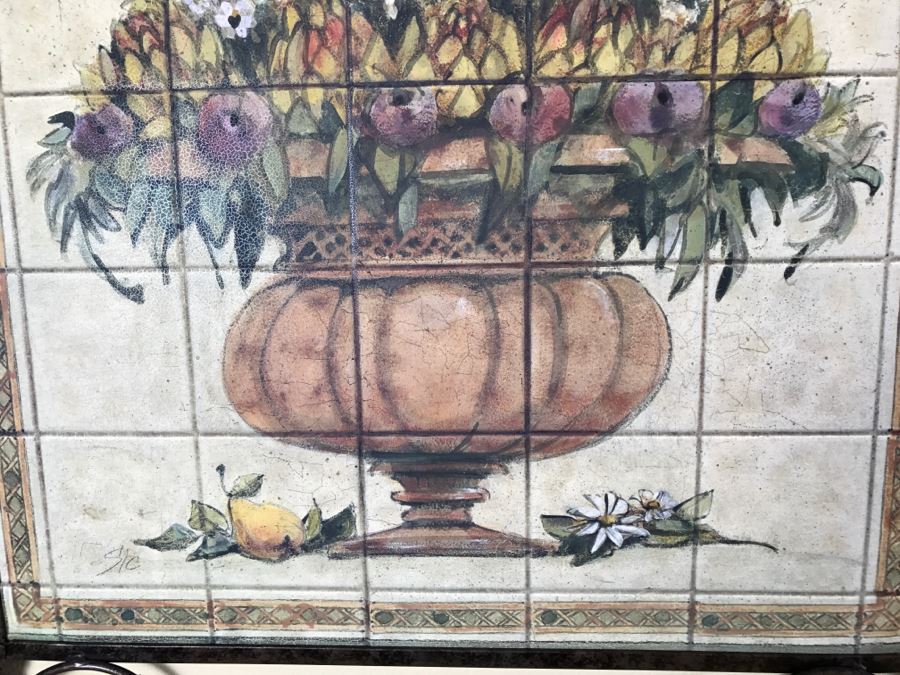 Pair Of Decorative Faux Tile Wall Hangings With Metal Vine Motif Frames [Photo 9]