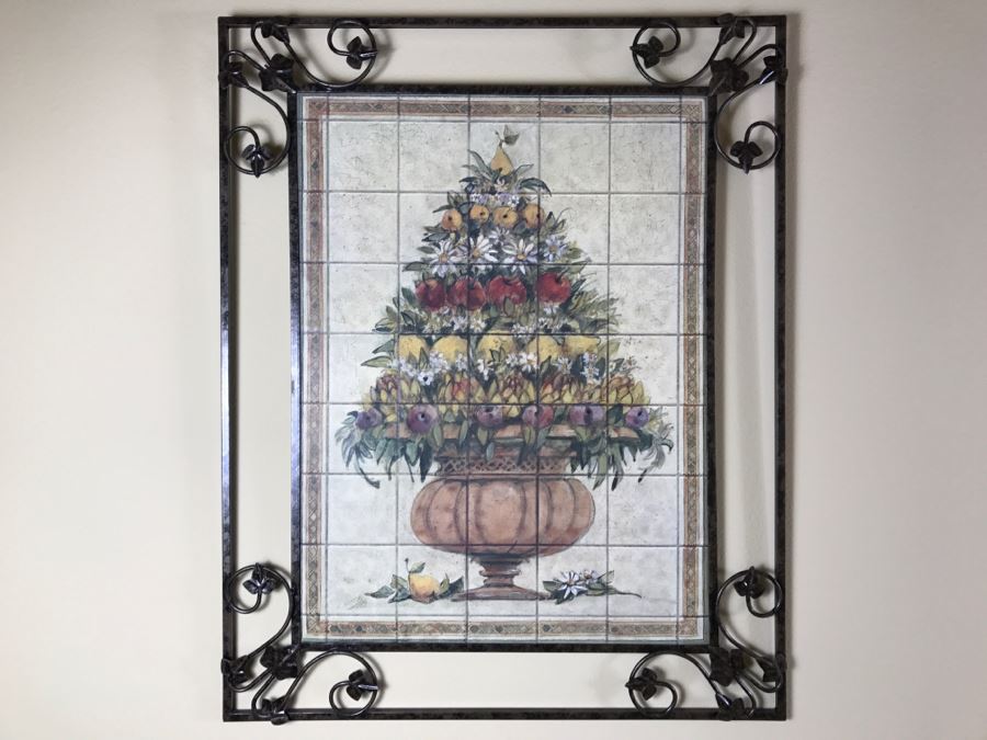 Pair Of Decorative Faux Tile Wall Hangings With Metal Vine Motif Frames [Photo 3]