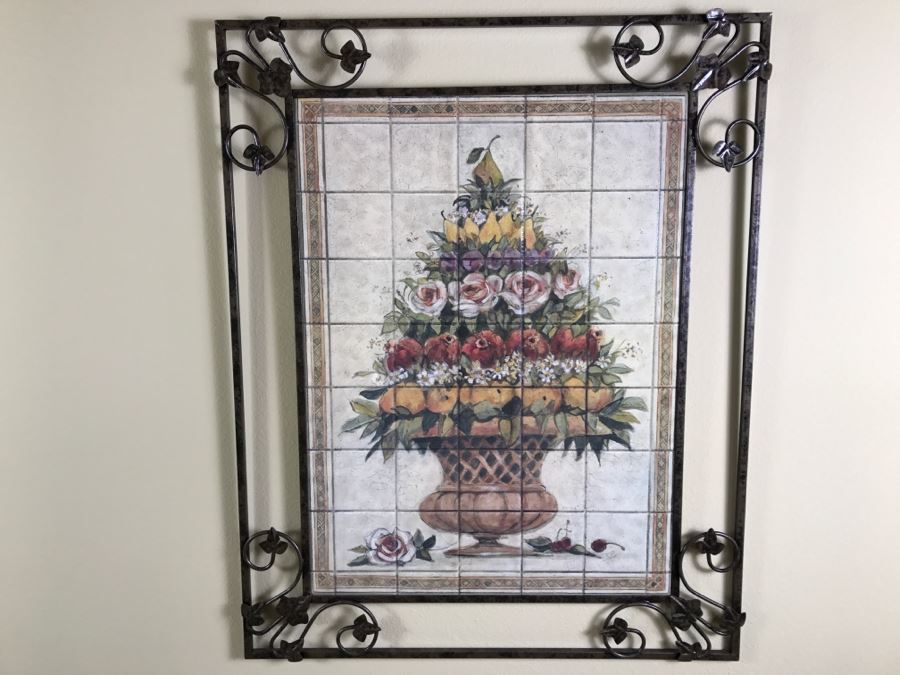 Pair Of Decorative Faux Tile Wall Hangings With Metal Vine Motif Frames [Photo 4]