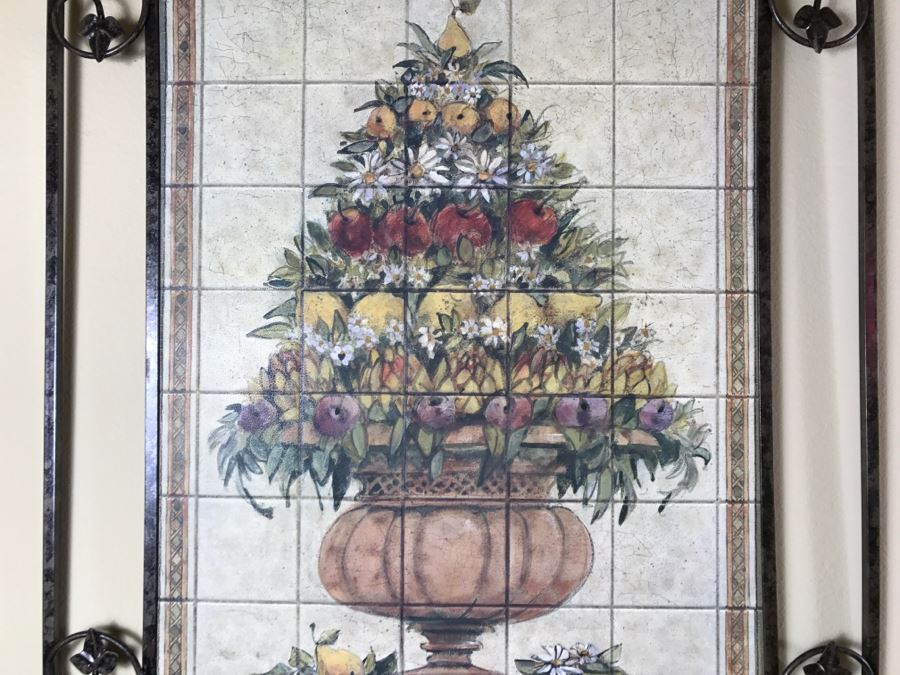 Pair Of Decorative Faux Tile Wall Hangings With Metal Vine Motif Frames [Photo 8]