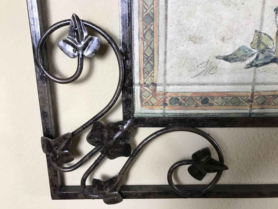 Pair Of Decorative Faux Tile Wall Hangings With Metal Vine Motif Frames