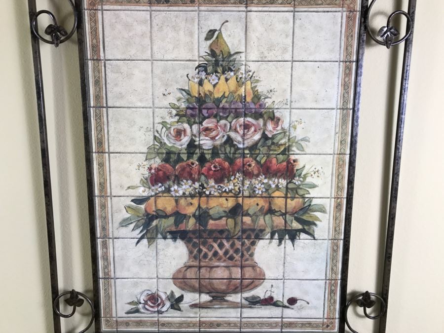 Pair Of Decorative Faux Tile Wall Hangings With Metal Vine Motif Frames [Photo 2]