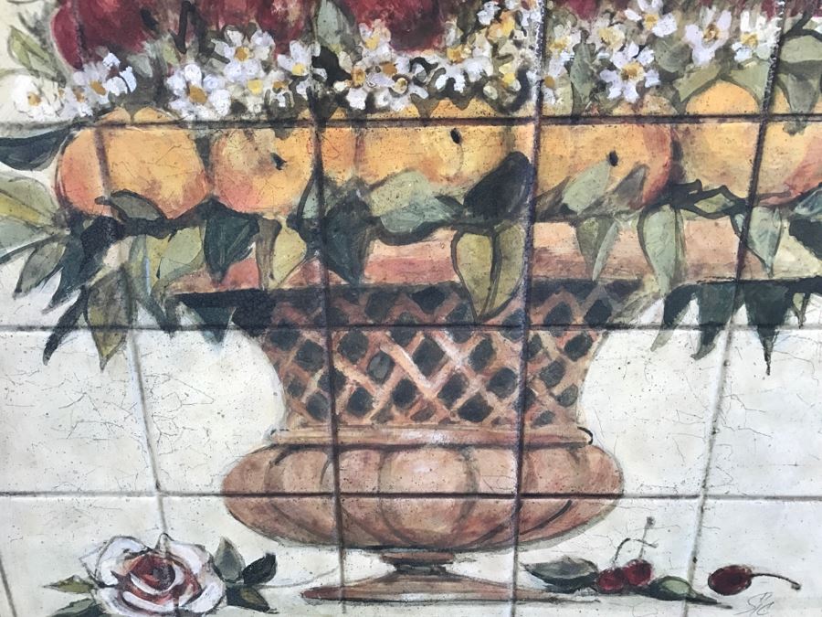 Pair Of Decorative Faux Tile Wall Hangings With Metal Vine Motif Frames [Photo 13]